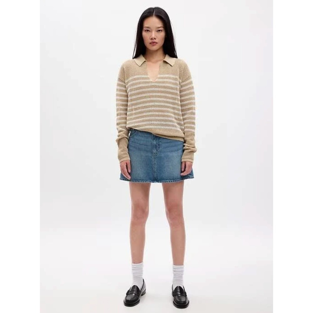 GAP Crochet Polo Sweater Tan White Striped Long Sleeve V-Neck Cotton Open Knit S